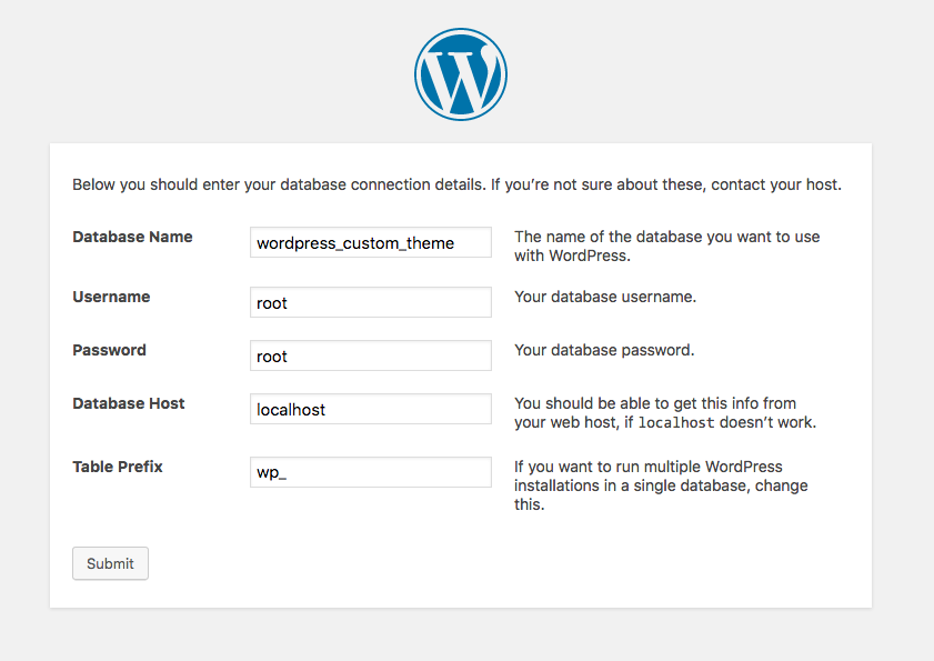 The Wordpress database setup screen